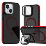 For iPhone 15 Plus Magsafe Dual-Color Skin Feel Lens Film Phone Case with Lens Fold Holder(Red)