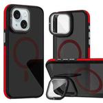 For iPhone 15 Magsafe Dual-Color Skin Feel Lens Film Phone Case with Lens Fold Holder(Red)