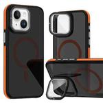 For iPhone 14 Plus Magsafe Dual-Color Skin Feel Lens Film Phone Case with Lens Fold Holder(Orange)