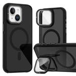 For iPhone 14 Plus Magsafe Dual-Color Skin Feel Lens Film Phone Case with Lens Fold Holder(Black)