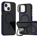 For iPhone 14 Plus Magsafe Dual-Color Skin Feel Lens Film Phone Case with Lens Fold Holder(Blue)