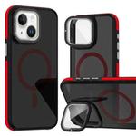 For iPhone 14 Plus Magsafe Dual-Color Skin Feel Lens Film Phone Case with Lens Fold Holder(Red)