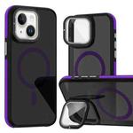 For iPhone 13 / 14 Magsafe Dual-Color Skin Feel Lens Film Phone Case with Lens Fold Holder(Purple)