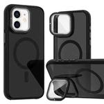 For iPhone 12 Pro / 12 Magsafe Dual-Color Skin Feel Lens Film Phone Case with Lens Fold Holder(Black)