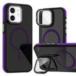 For iPhone 12 Pro / 12 Magsafe Dual-Color Skin Feel Lens Film Phone Case with Lens Fold Holder(Purple)