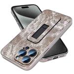 For iPhone 15 Pro Denim Pattern Electroplated Push-pull Bracket Cooling Phone Case(Grey)