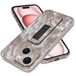 For iPhone 15 Plus Denim Pattern Electroplated Push-pull Bracket Cooling Phone Case(Grey)
