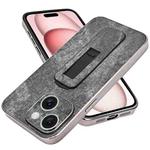 For iPhone 15 Denim Pattern Electroplated Push-pull Bracket Cooling Phone Case(Black)