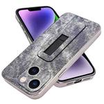 For iPhone 14 Plus Denim Pattern Electroplated Push-pull Bracket Cooling Phone Case(Grey Blue)