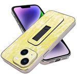 For iPhone 14 Plus Denim Pattern Electroplated Push-pull Bracket Cooling Phone Case(Yellow Green)