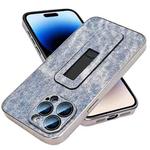 For iPhone 14 Pro Denim Pattern Electroplated Push-pull Bracket Cooling Phone Case(Blue)