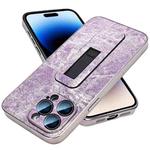 For iPhone 14 Pro Max Denim Pattern Electroplated Push-pull Bracket Cooling Phone Case(Pink Purple)