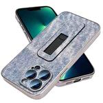 For iPhone 13 Pro Max Denim Pattern Electroplated Push-pull Bracket Cooling Phone Case(Blue)