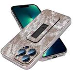 For iPhone 13 Pro Max Denim Pattern Electroplated Push-pull Bracket Cooling Phone Case(Grey)