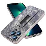 For iPhone 13 Pro Max Denim Pattern Electroplated Push-pull Bracket Cooling Phone Case(Grey Blue)