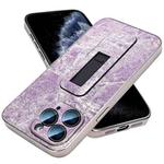 For iPhone 11 Pro Max Denim Pattern Electroplated Push-pull Bracket Cooling Phone Case(Pink Purple)