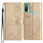 For Motorola Moto E40 Butterflies and Flowers Leather Phone Case(Gold)