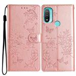 For Motorola Moto E40 Butterflies and Flowers Leather Phone Case(Rose Gold)