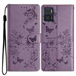 For Motorola Moto E22 Butterflies and Flowers Leather Phone Case(Purple)