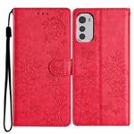 For Motorola Moto E32 Butterflies and Flowers Leather Phone Case(Red)