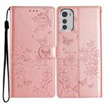 For Motorola Moto E32 Butterflies and Flowers Leather Phone Case(Rose Gold)