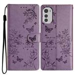 For Motorola Moto E32 Butterflies and Flowers Leather Phone Case(Purple)