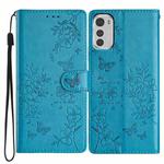 For Motorola Moto E32 Butterflies and Flowers Leather Phone Case(Blue)