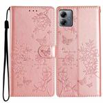 For Motorola Moto G14 Butterflies and Flowers Leather Phone Case(Rose Gold)