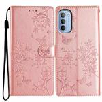 For Motorola Moto G52 Butterflies and Flowers Leather Phone Case(Rose Gold)