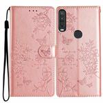 For Motorola P40 Power Butterflies and Flowers Leather Phone Case(Rose Gold)