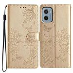 For Motorola Moto E15 Butterflies and Flowers Leather Phone Case(Gold)