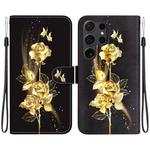 For Samsung Galaxy S25 Ultra 5G Crystal Texture Colored Drawing Leather Phone Case(Gold Butterfly Rose)