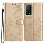 For Xiaomi Mi 10T 5G Butterflies and Flowers Leather Phone Case(Gold)