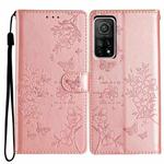 For Xiaomi Mi 10T 5G Butterflies and Flowers Leather Phone Case(Rose Gold)