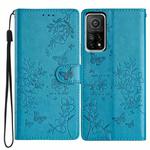 For Xiaomi Mi 10T 5G Butterflies and Flowers Leather Phone Case(Blue)