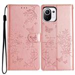 For Xiaomi Mi 11 Lite Butterflies and Flowers Leather Phone Case(Rose Gold)