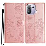 For Xiaomi Mi 11 Pro Butterflies and Flowers Leather Phone Case(Rose Gold)