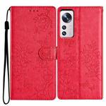 For Xiaomi 12 Pro Butterflies and Flowers Leather Phone Case(Red)