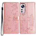 For Xiaomi 12 Pro Butterflies and Flowers Leather Phone Case(Rose Gold)