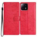 For Xiaomi 13 Butterflies and Flowers Leather Phone Case(Red)