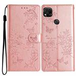For Redmi 9C Butterflies and Flowers Leather Phone Case(Rose Gold)
