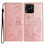 For Redmi 10C Butterflies and Flowers Leather Phone Case(Rose Gold)