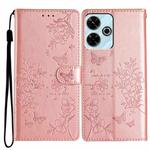 For Redmi 13 4G Butterflies and Flowers Leather Phone Case(Rose Gold)