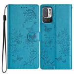 For Redmi Note 10 5G Butterflies and Flowers Leather Phone Case(Blue)