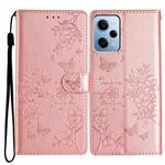 For Redmi Note 12 Pro 5G Global Butterflies and Flowers Leather Phone Case(Rose Gold)