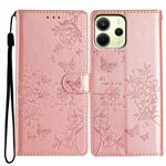 For Redmi Note 14 4G 163.25mm Butterflies and Flowers Leather Phone Case(Rose Gold)