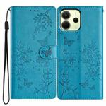 For Redmi Note 14 4G 163.25mm Butterflies and Flowers Leather Phone Case(Blue)
