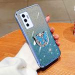 For vivo S10e Plated Gradient Glitter Butterfly Holder TPU Phone Case(Sierra Blue)