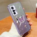 For vivo X70 Plated Gradient Glitter Butterfly Holder TPU Phone Case(Purple)