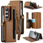 For Samsung Galaxy Z Fold6 5G CaseMe C22 PC+TPU Business Style RFID Anti-theft Lanyard Leather Phone Case with Pen Slot(Brown)